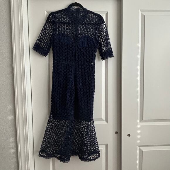 Revolve Bardot Fiona Mesh Dress Navy 6 Cocktail Formal Wedding Guest Trumpet - Picture 3 of 15